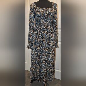 Dokotoo Black Floral Printed Long Sleeve Smocked Midi Dress M Country Western